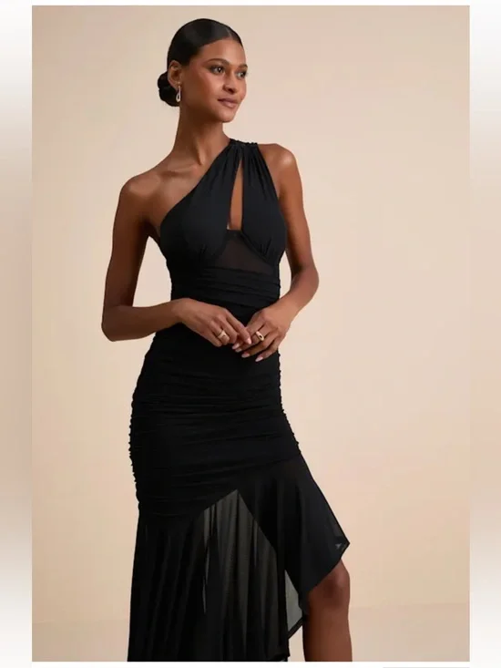 NWT Lulus Marcellina Black Mesh Ruched One-Shoulder Maxi Dress - Picture 5 of 8